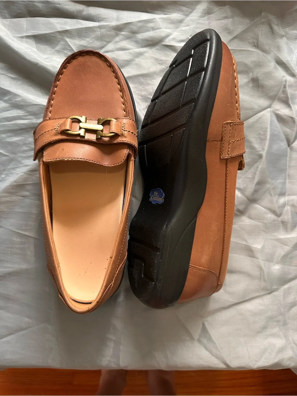 Women's Tan Leather Loafers with Gold Hardware